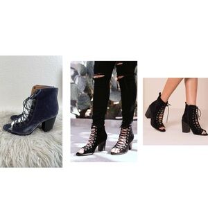 YOKI Brie Lace Up Stacked Heel Peep Toe Gray/Blue Ankle Booties Boots Sz 7.5 NEW